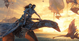 The lead stars of Avatar riding on a winged creature in Avatar: The Way of Water