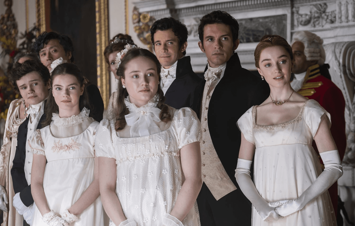 Siblings and people standing in Bridgerton