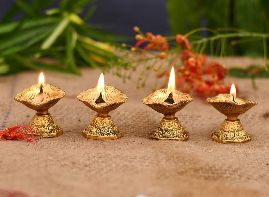 Buy Collectible India Set of 4 Handmade Metal Diya Oil Lamp for Diwali Puja - Swastik Diya Lamp Engraved Design Dia - Diwali Decoration for Home - Diwali Lights - Diya for