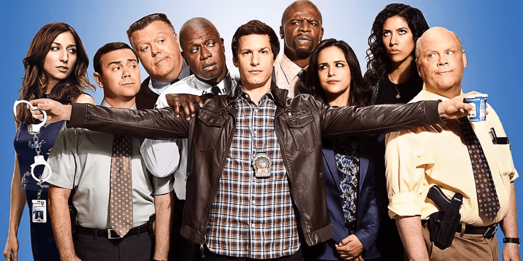 Jake Peralta holding everyone back in a poster for Brooklyn Nine-Nine